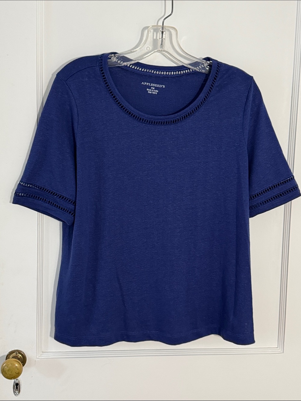 Appleseed's Navy Short Sleeve Cotton/Linen Blend Knit Top with Cutwork Trim, MP